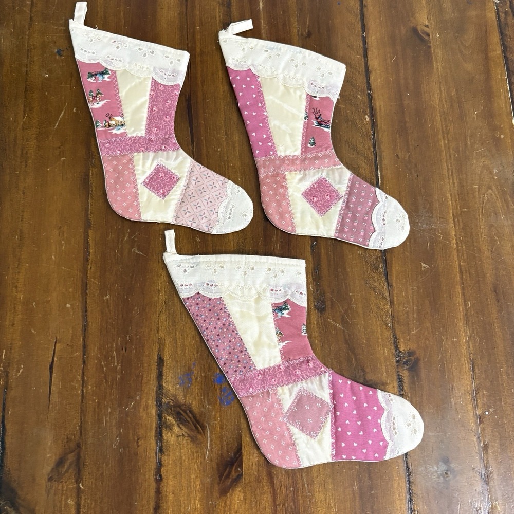 Set x3 Vtg Handmade Quilted Hanging Stockings Mini Christmas Granny Cottagecore